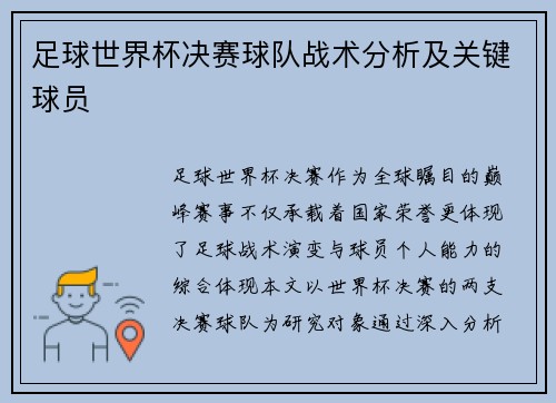 足球世界杯决赛球队战术分析及关键球员