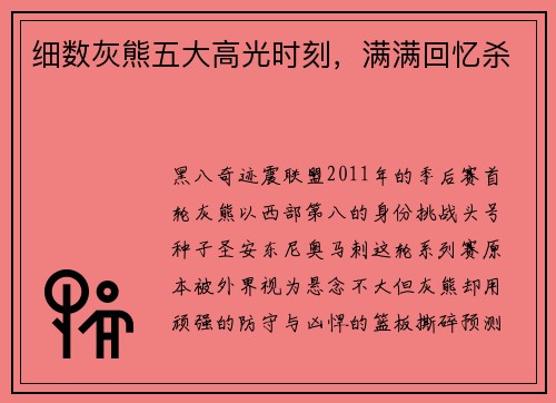 细数灰熊五大高光时刻，满满回忆杀